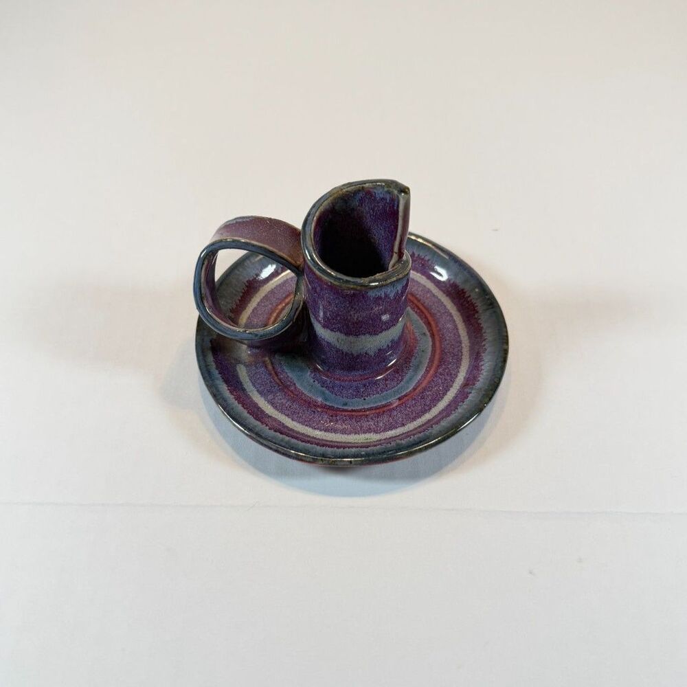 Vintage Bay Pottery Ceramic Chamberstick Candle Holder Purple Blue Drip Glaze